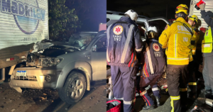 Mulher fica presa às ferragens após colisão em Navegantes